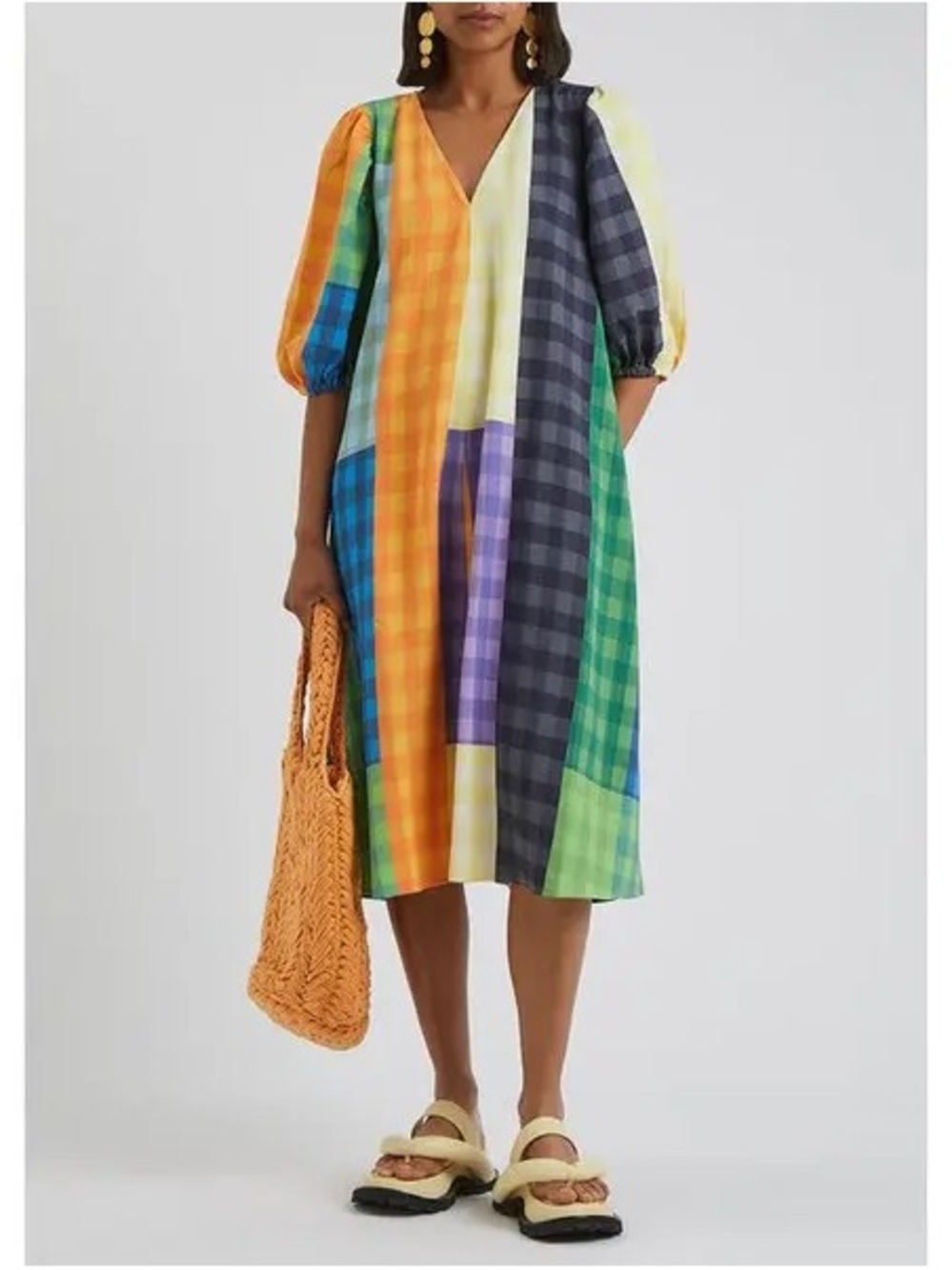 STINE GOYA Multi-Color Gingham Patchwork Midi Dress